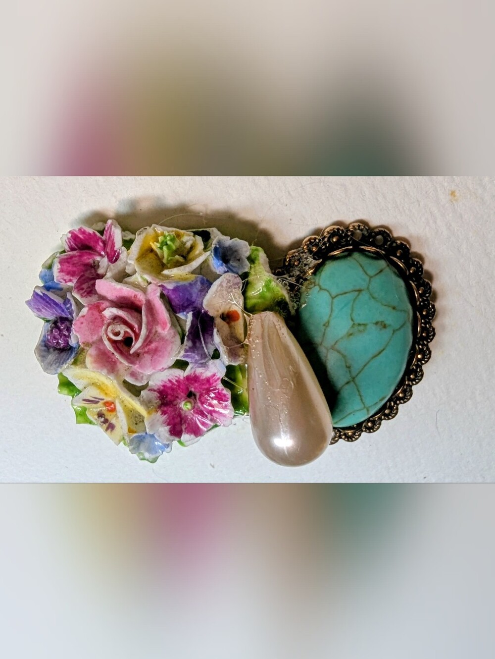 Wendy Gell porcelain flower brooch,Pearl,turquoise oval.
